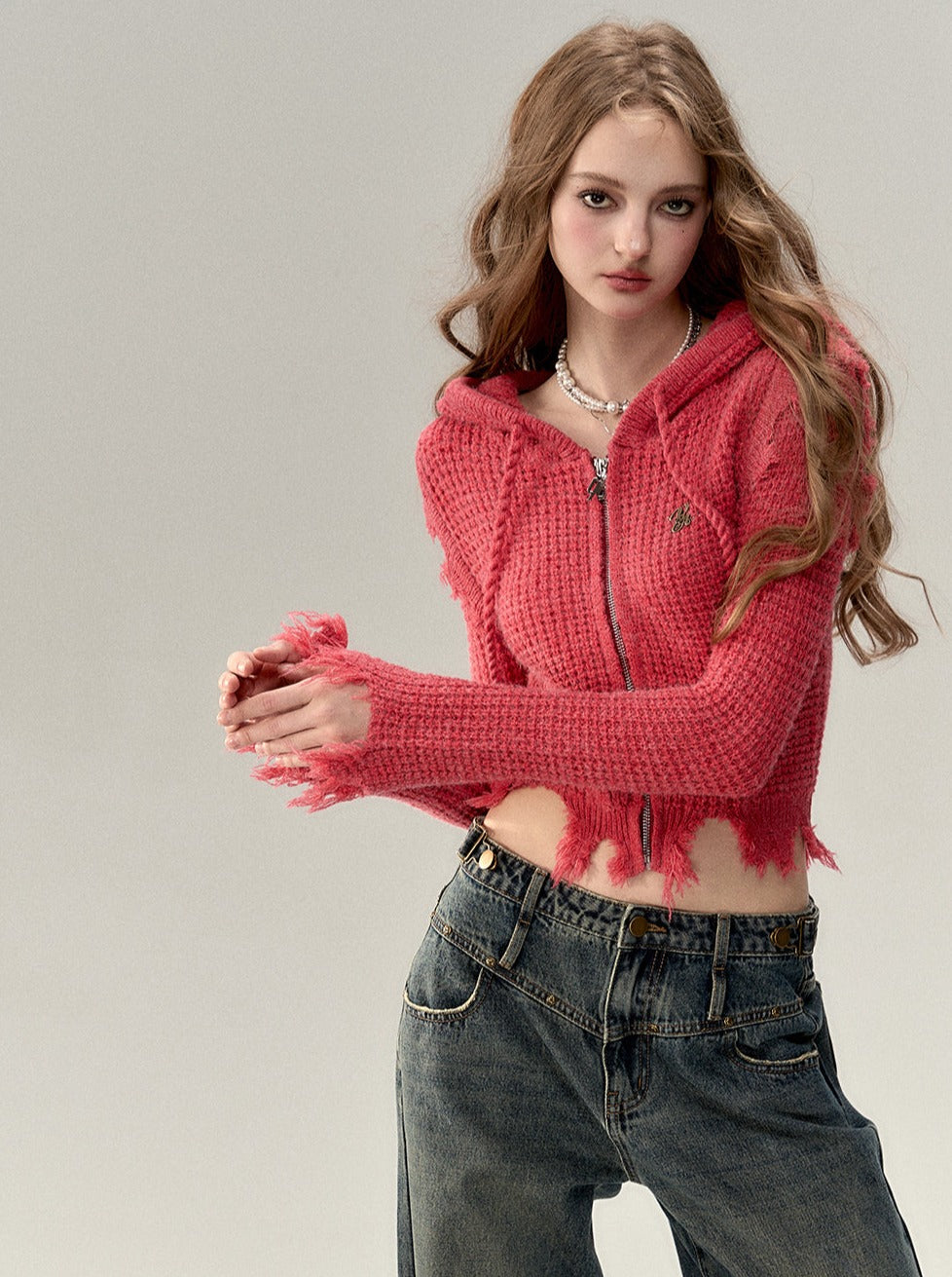 Zip-Up Logo One Point Hoodie Damage Knit Hooded