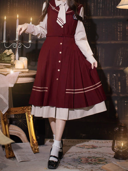 Shirt Dress Color + Tie Pleated Navy Suit Striped Badge Retro Magic Dress Academy