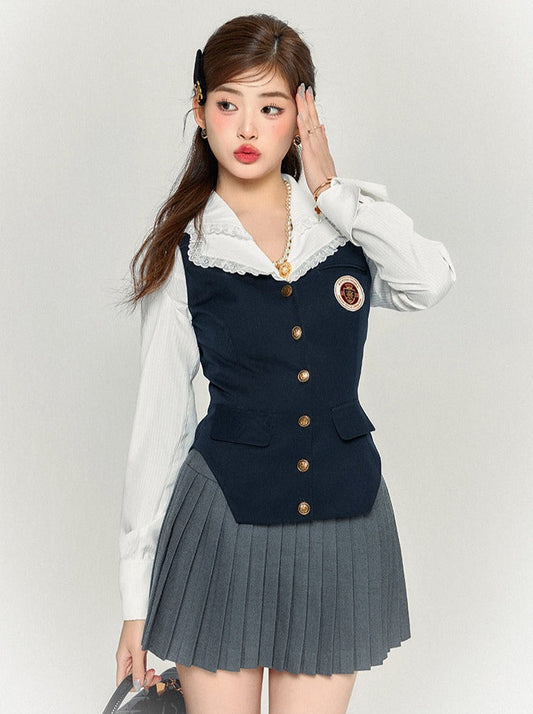 Chemise rétro avec gilet et jupe slim plissée style collège