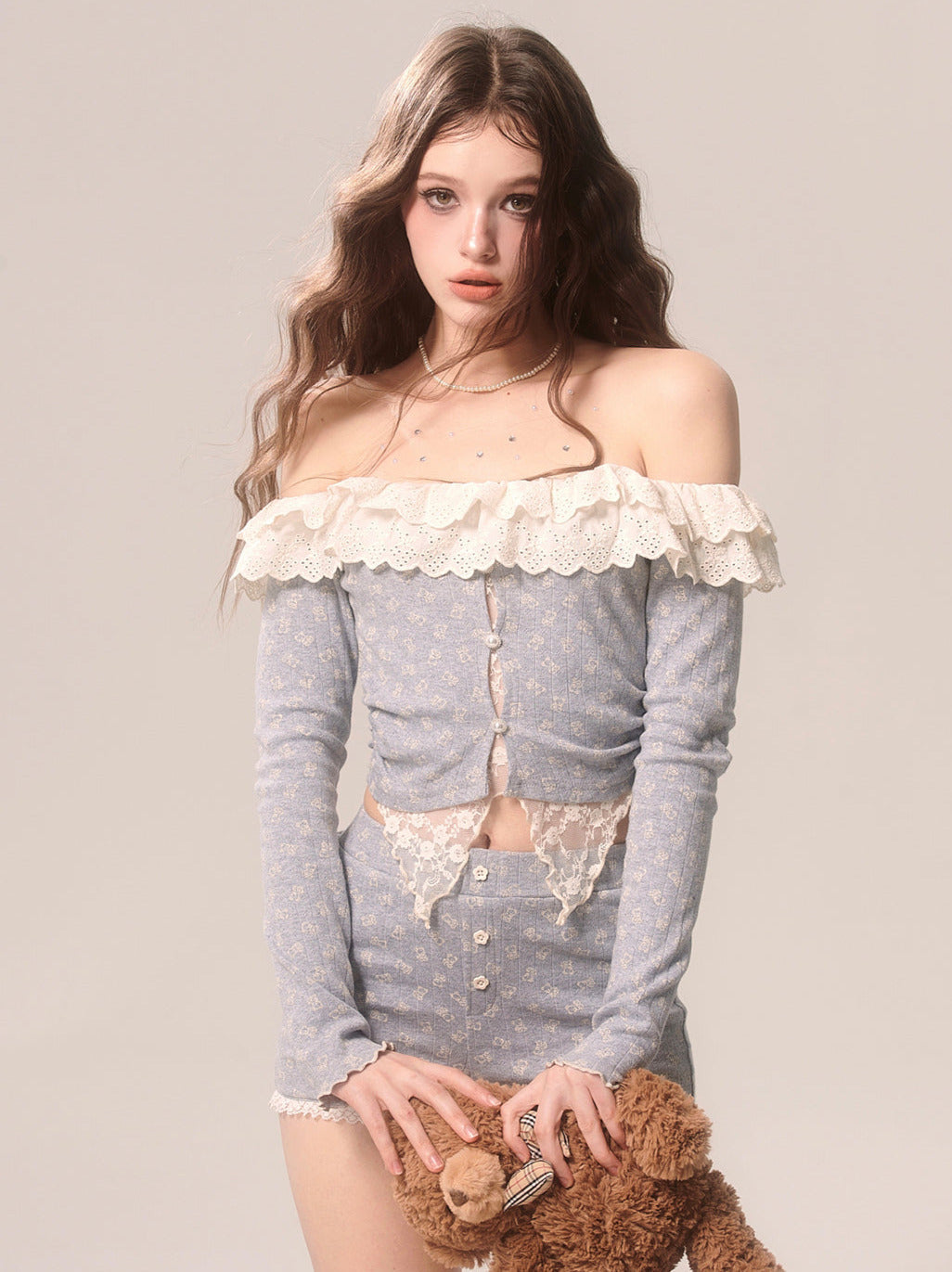 Lace Top + French Gray Shorts Purple Off-the-shoulder Floral Suit