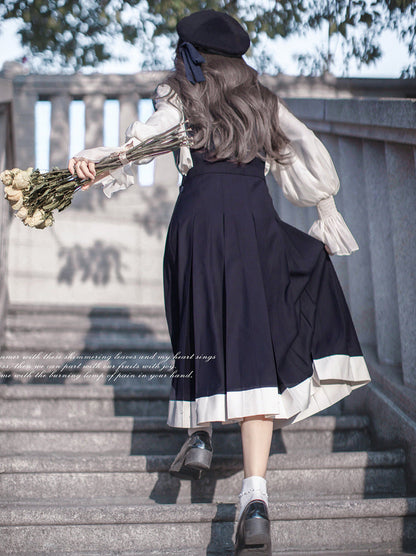 Style Beret + Emblem Elegant Ruffle + College Chiffon Dress + Blouse Tie Retro Cyan