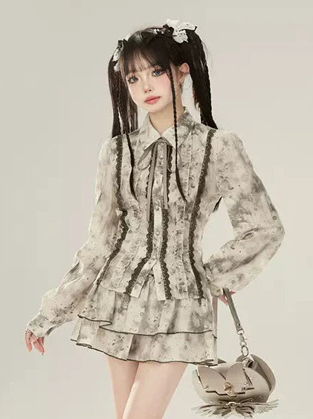 スーツのスプライスハイシャツ、インク汚れウエストレーススカート、かなり