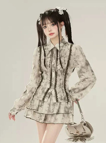 スーツのスプライスハイシャツ、インク汚れウエストレーススカート、かなり