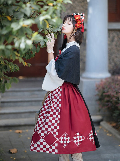 trumpet fur blouse cape + China accessories tassel scarf jumper skirt
