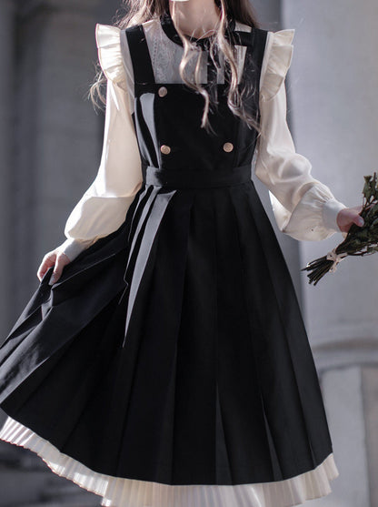 Pleated Ruffle Ribbon College Dress Shirt Accessories Retro Suspender + Elegant Layered Shoulder + Lace