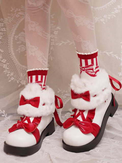Boots Snow Mid Velvet Color Lolita Block Short Ribbon Heel Sweet