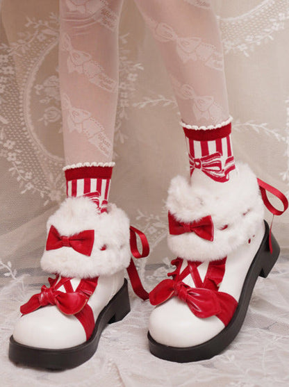 Boots Snow Mid Velvet Color Lolita Block Short Ribbon Heel Sweet