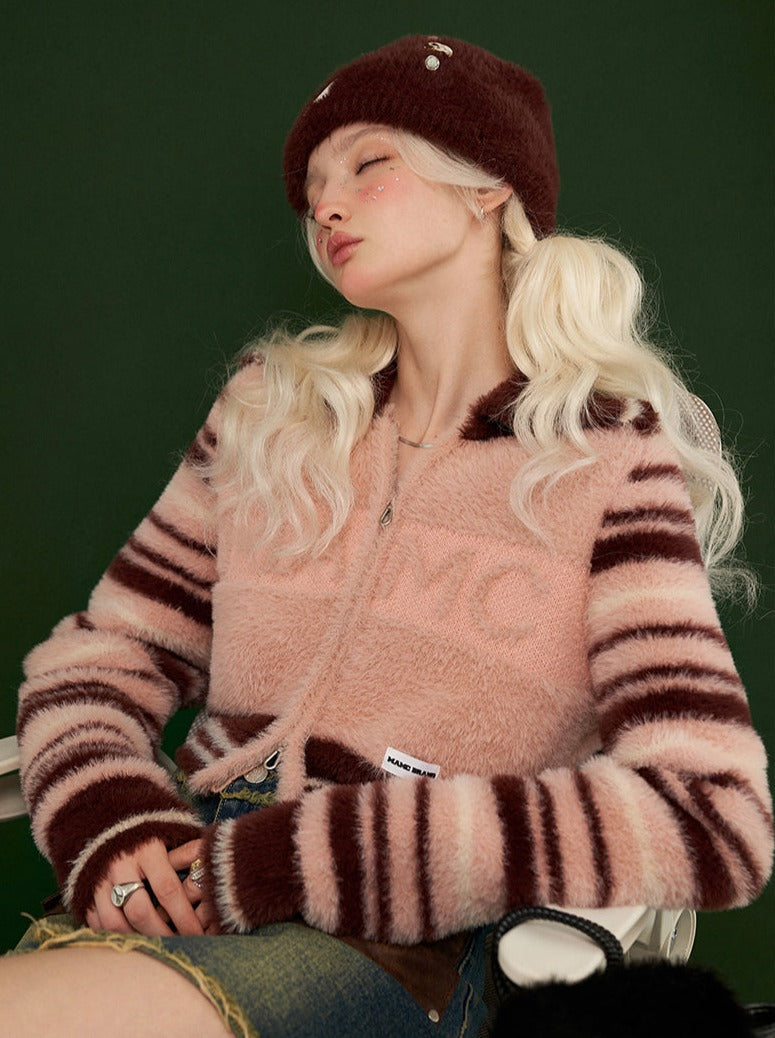 Striped Double Wool Zipper Cardigan Top