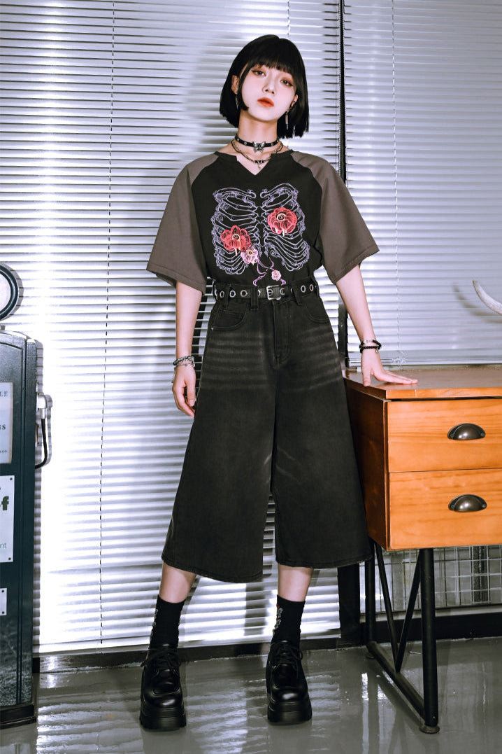 Bone Flower Bicolor Raglan Top V-Neck