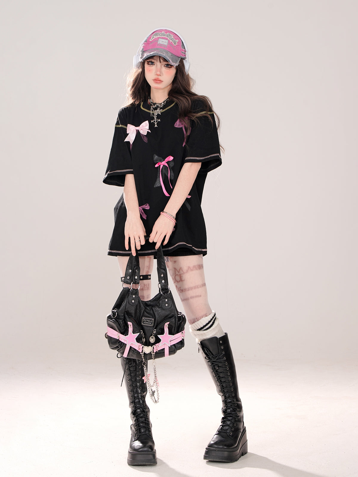 T-Shirt Street Round Print Ribbon American Deco Neck Loose