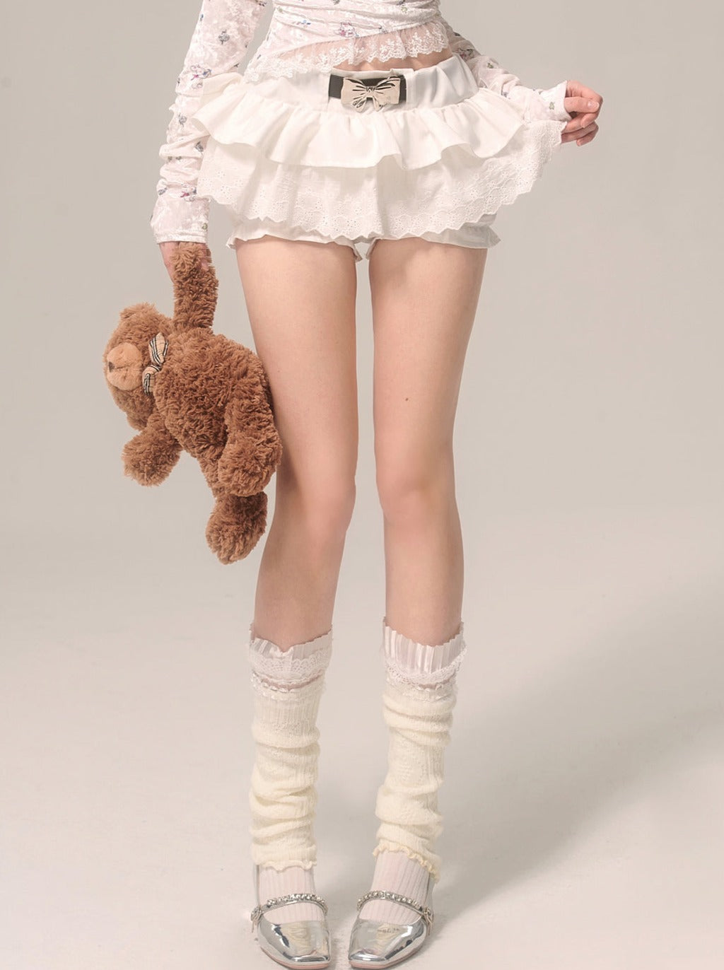 Pearl Ribbon Skirt White French Pants Lace Flared White Eye
