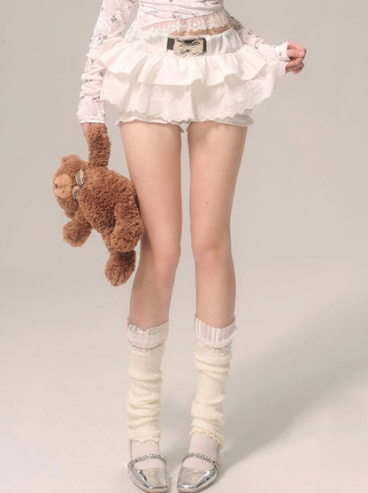 Pearl Ribbon Skirt White French Pants Lace Flared White Eye