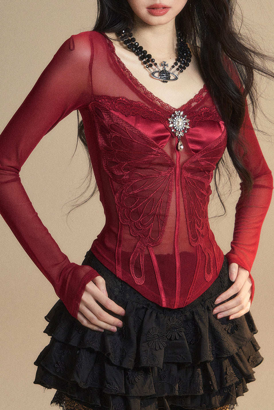 Top Mesh Cranberry Pre-order product Australian Lace V-Neck