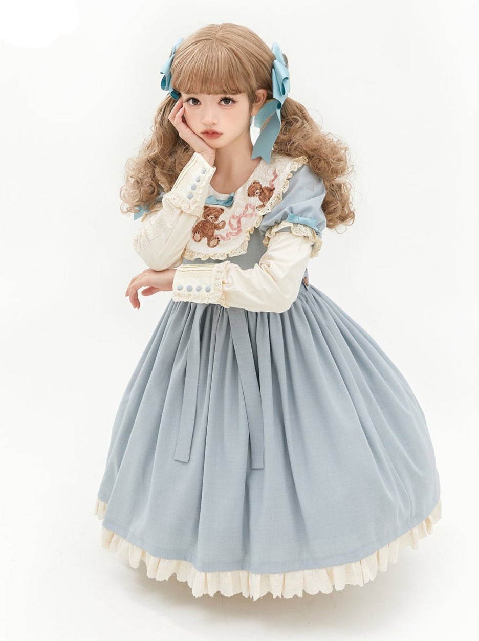 ロリータテディベアフラップレースパフスリーブリボンデレス