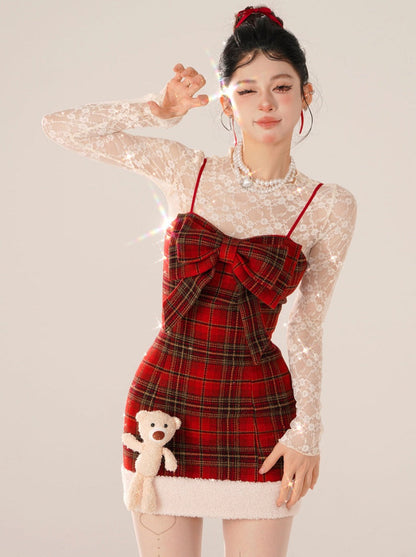 Bear Dress Suspender Red Collar Gummy Check + Tops Inner Lace