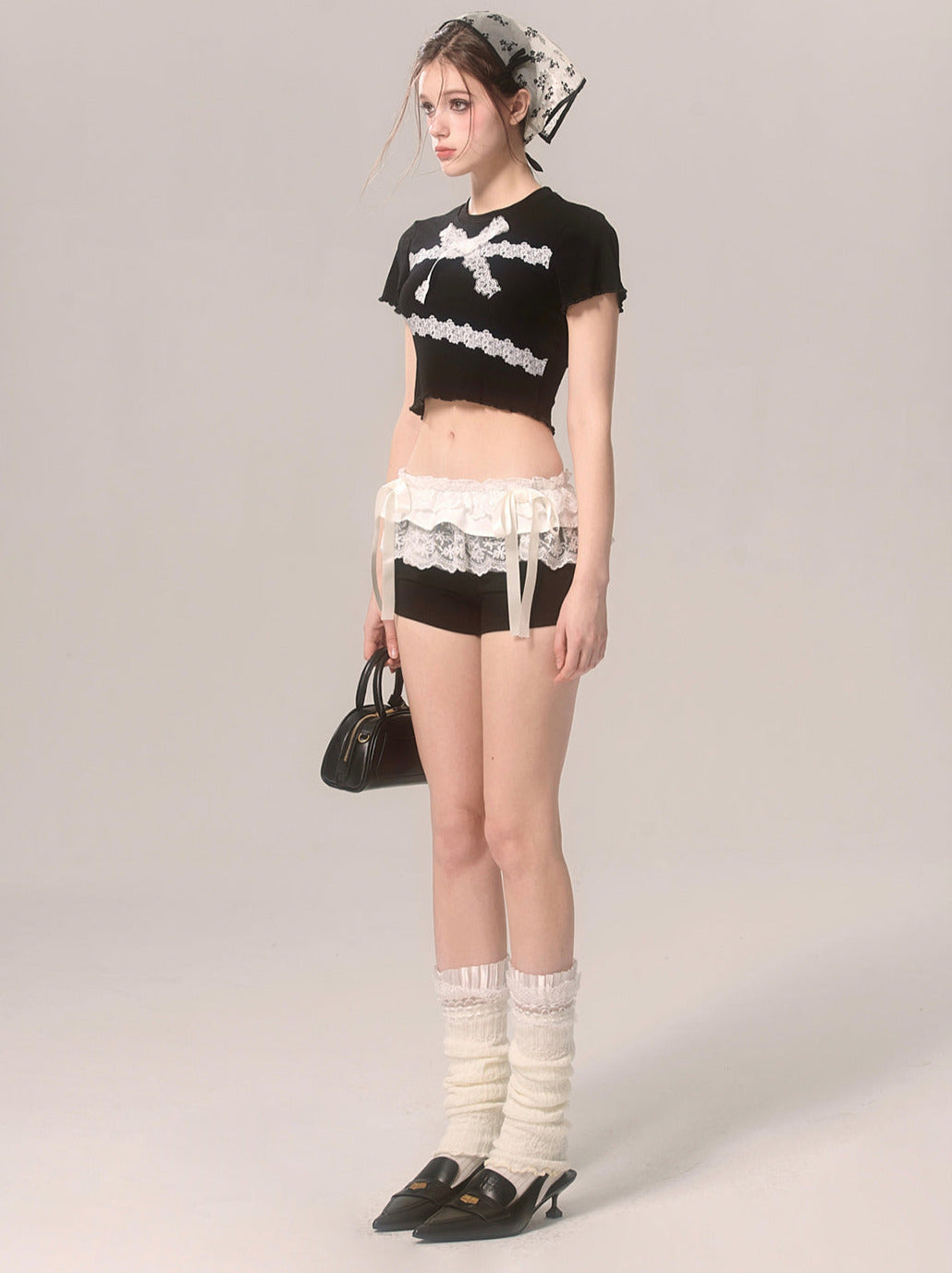 Slim Lace T-Shirt Frill Short Ribbon