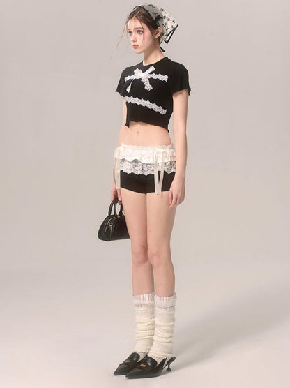 Slim Lace T-Shirt Frill Short Ribbon