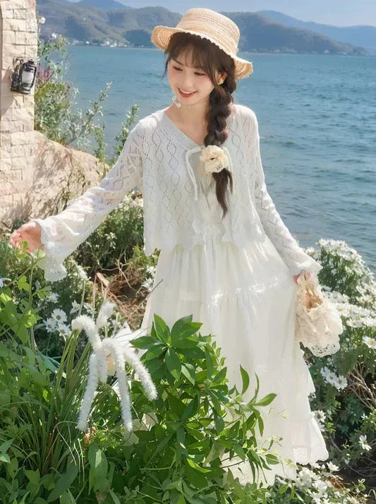 Fairy Style Openwork Knit Cardigan + Camisole Top + Long Cake Skirt