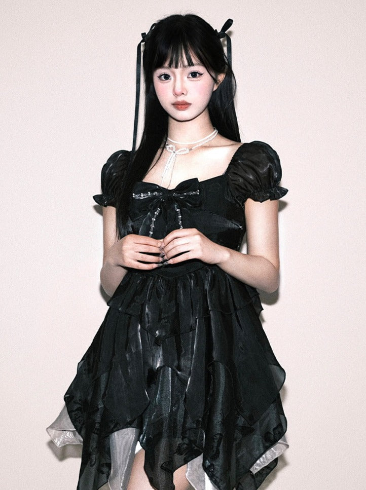 Sleeveless Bow Black Puff Ribbon Dress