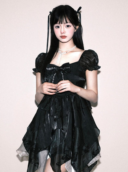 Sleeveless Bow Black Puff Ribbon Dress