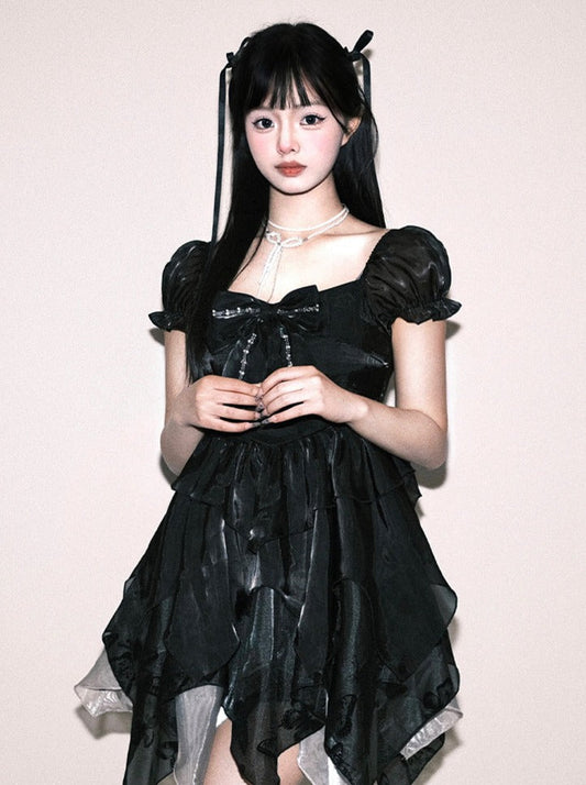 Sleeveless Bow Black Puff Ribbon Dress
