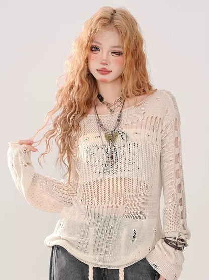 Summer Knit + Tube Top Openwork Sheer Ripped