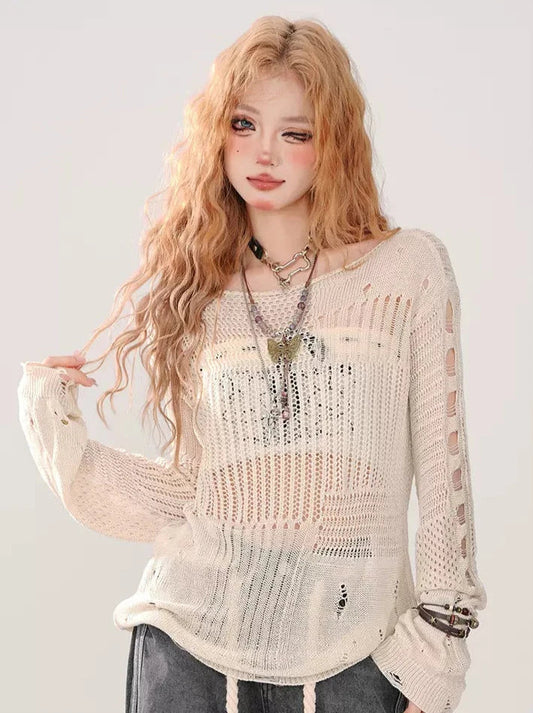 Summer Knit + Tube Top Openwork Sheer Ripped