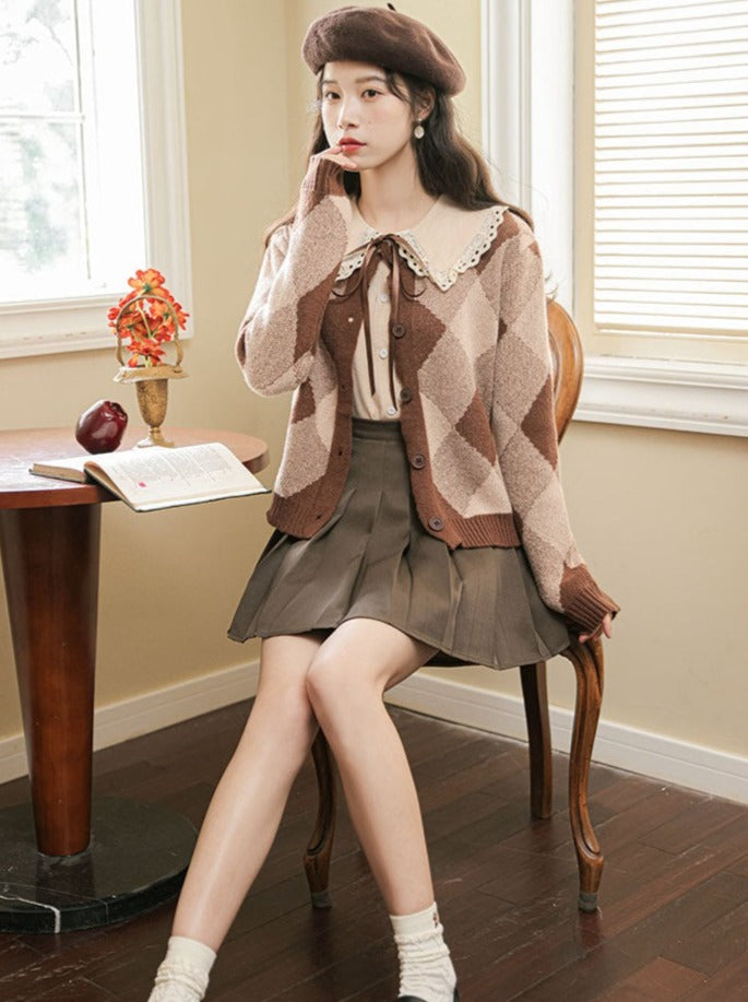 Argyle Skirt Pleated Knit Brown Cardigan Retro