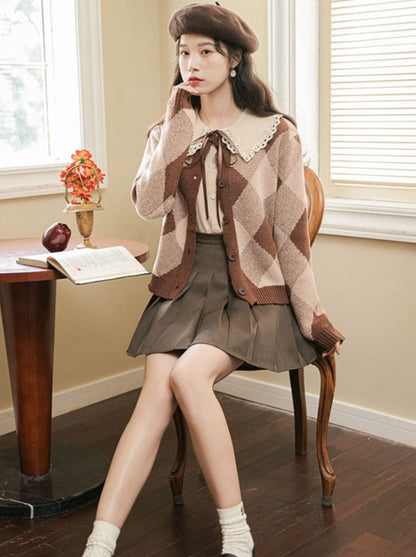 Argyle Skirt Pleated Knit Brown Cardigan Retro