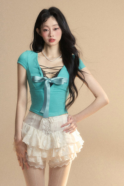 Top Reservations Ribbon Trim Lace Chic Crop