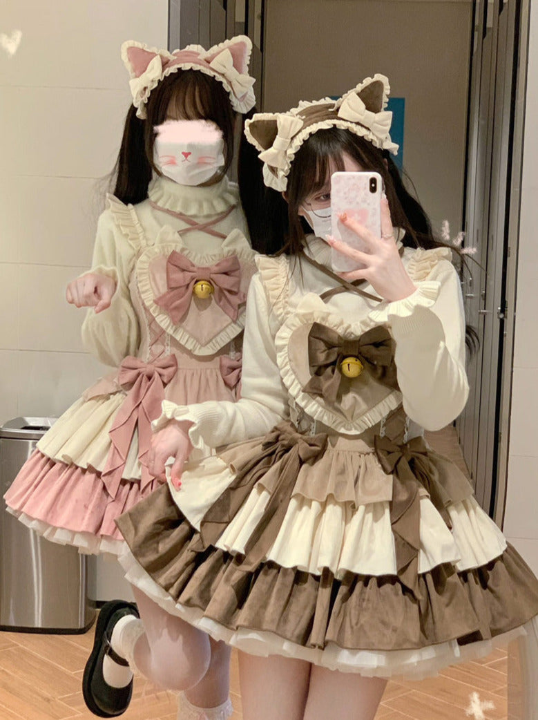 Suspender Dress Set Ear Velvet Tail Hairband Frill Puffy Cat Heart
