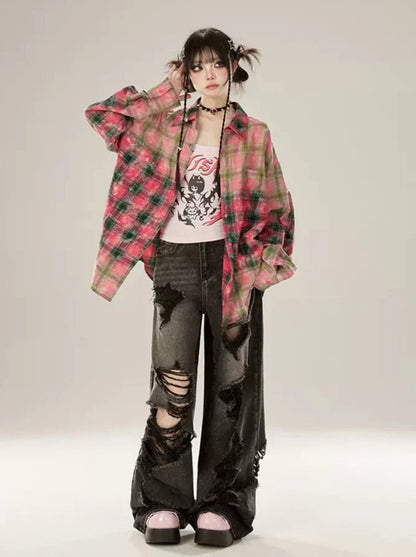 Rose Red Check Gradient Shirt