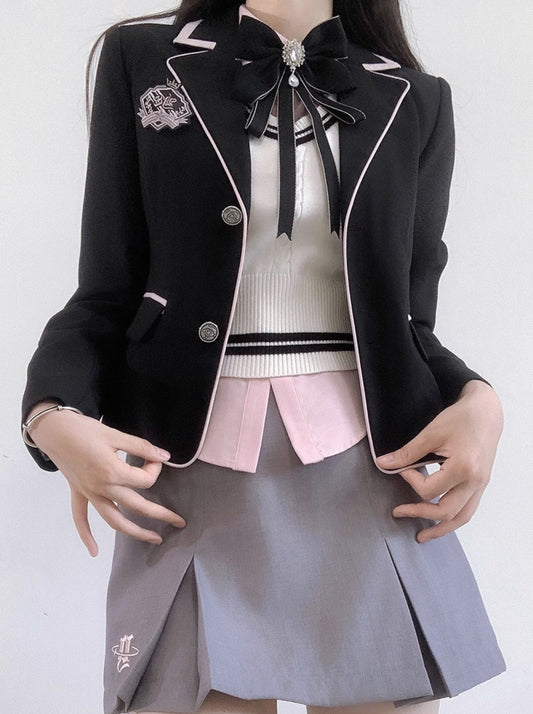Veste Collège Gilet + Jupe Chemise Box + Slim Plissé Fille Doux Style Ruban