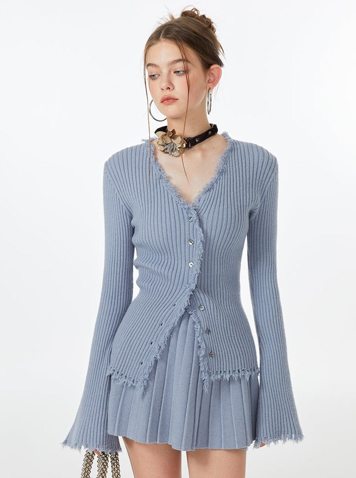 Blue Skirt Ribbed Cardigan Ice Top Flared