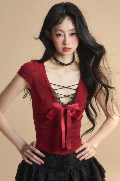 Top Reservations Ribbon Trim Lace Chic Crop