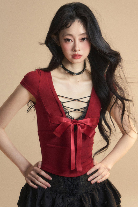 Top Reservations Ribbon Trim Lace Chic Crop