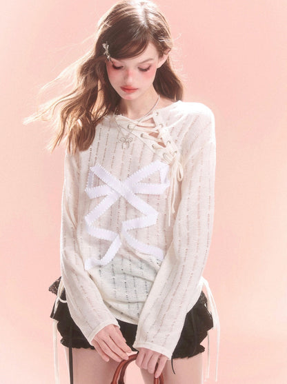 Sheer Lace-up Design Ribbon Top Asymmetrical