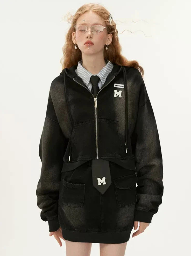 Sweat à capuche zippé Y2K court à capuche décontracté + jupe