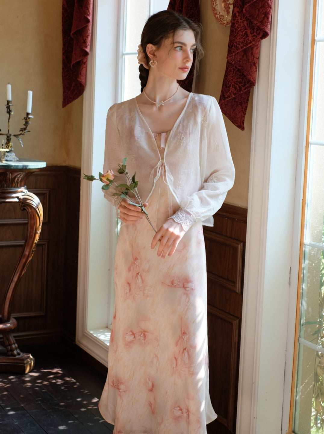 Long Suspender Dress Flower Blouse Cardigan + Sheer