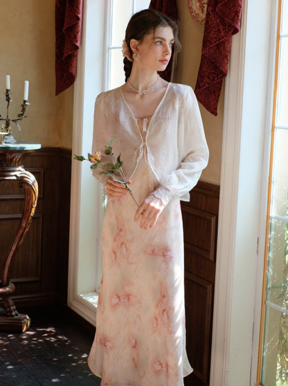 Long Suspender Dress Flower Blouse Cardigan + Sheer