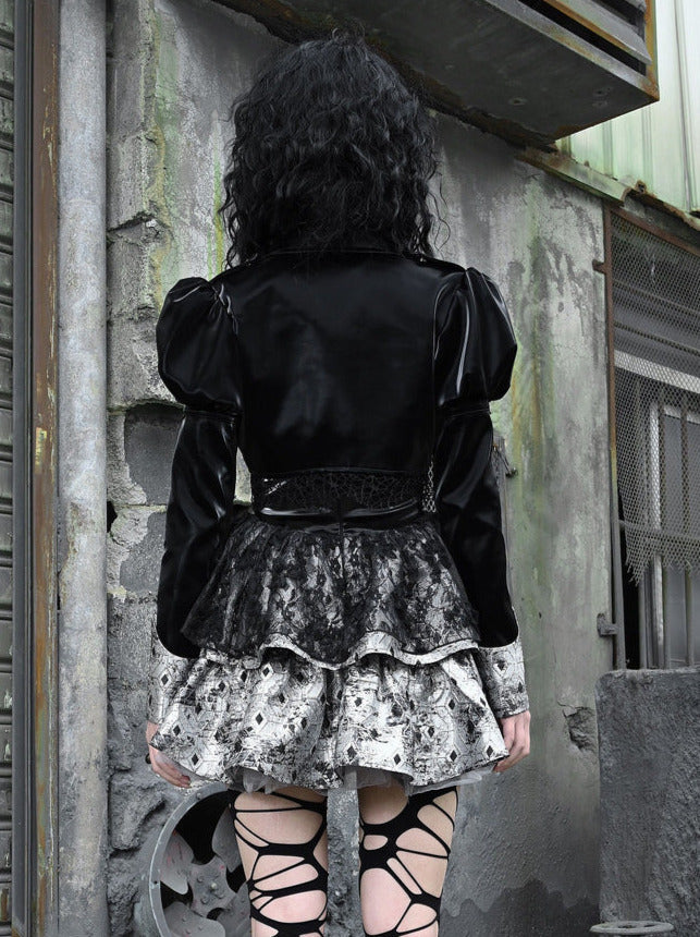 Spleißen Spitze Jacke Punk Mesh Leder PU Kurze