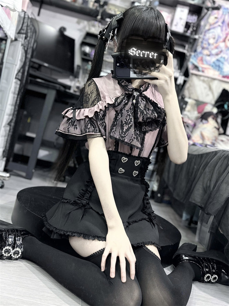 Shirt Sheer Ribbon Shoulder Lace