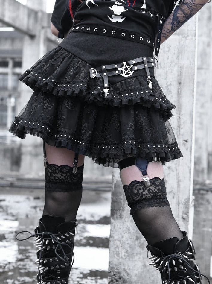 Metal Buckle Cake Leather Rivet Layer Punk Skirt