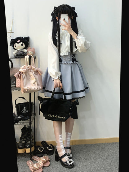 Color Sleep Frill Stand Volume Ribbon Shirt