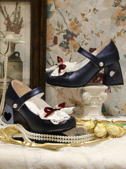 Chaussures élégantes à talons carrés en dentelle et ruban, bout pointu, Lolita Love