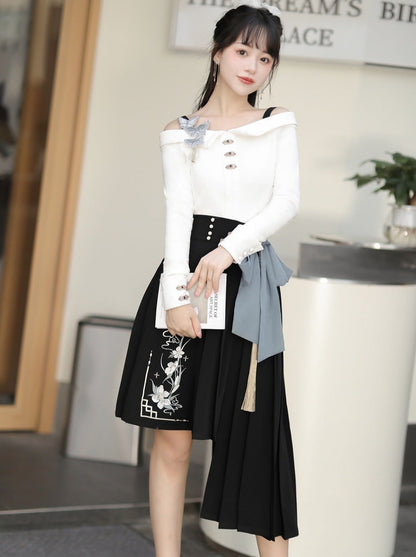 Top Buckle Waist Asymmetrical Skirt + Big Bow Off-Shoulder China High