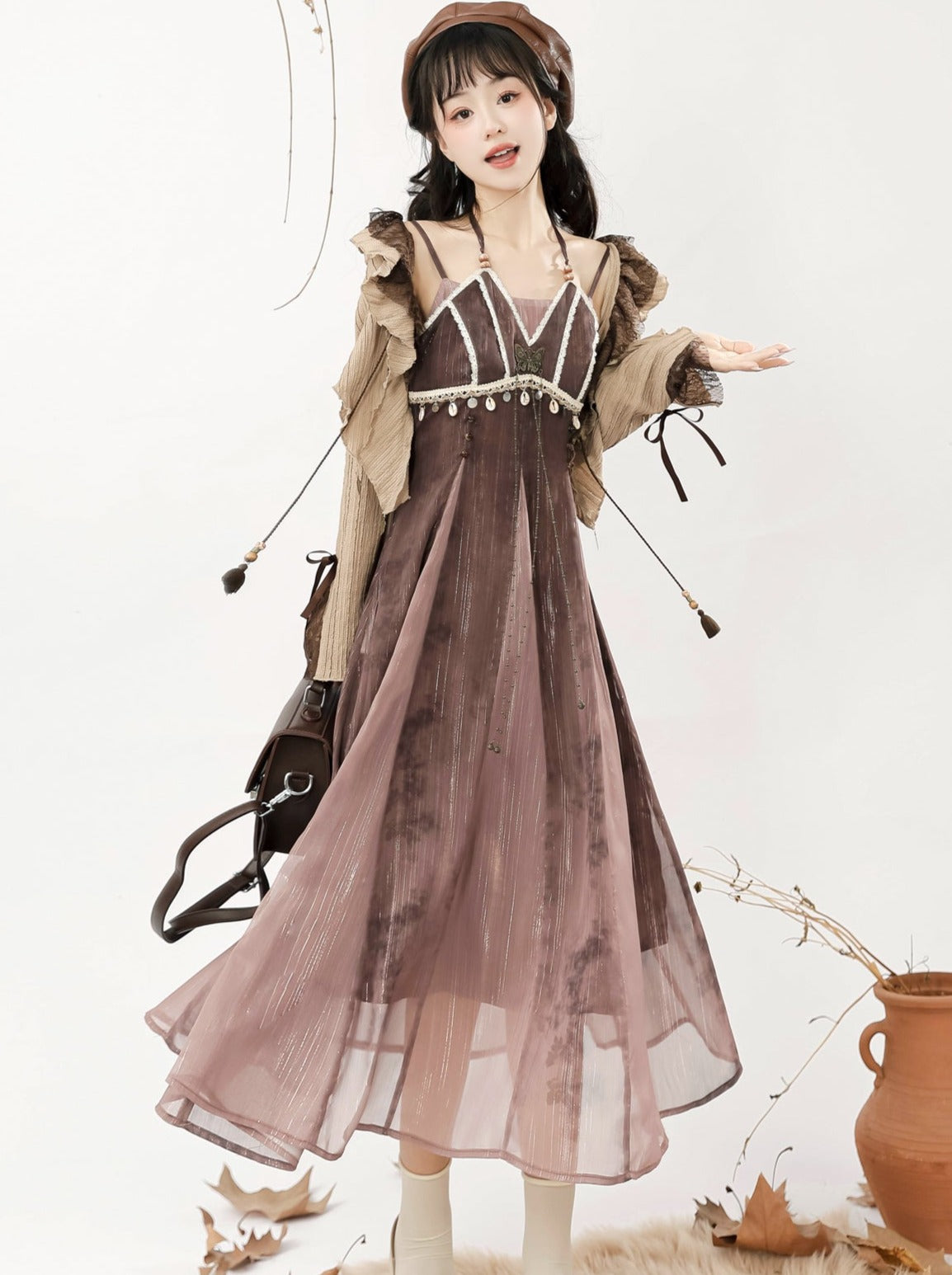 Dress Style + Short Camisole Cardigan Ethnic Ruffle
