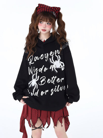 Print Street Hoodie Leather Buckle Hooded American Graffiti Spider