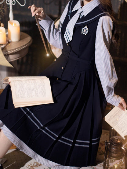 Shirt Dress Color + Tie Pleated Navy Suit Striped Badge Retro Magic Dress Academy