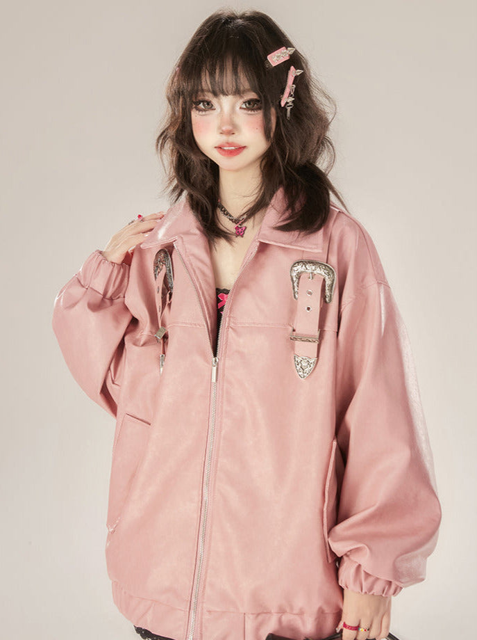 Veste en cuir rose rétro avec boucle et fermeture éclair